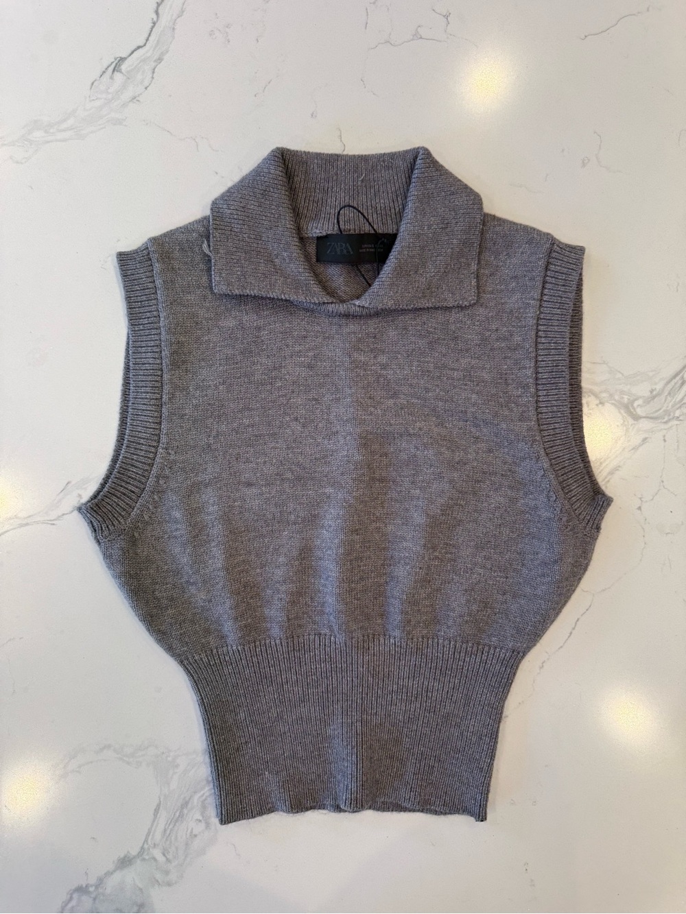 Zara Light Gray Ribbed Sleeveless Mock Neck Sweater